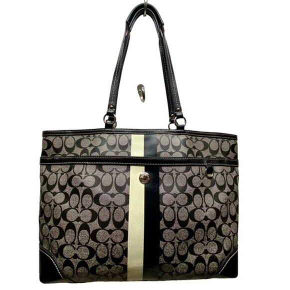 Coach Chelsea Heritage Tote F14475 Large Black Signature Stripe Baby Bag Purse - Picture 1 of 15
